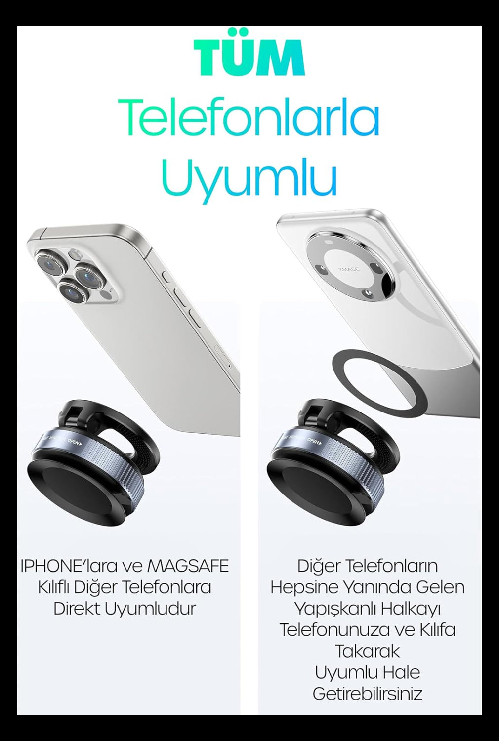 Araç Telefon Tutucu MagSafe Vakumlu | 360° Dönebilir, Mükemmel Tutunma, Ultra Güçlü Vantuz N52 Çift Mıknatıs, MagSafe iPhone Android Uyumlu