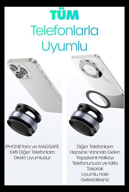 Araç İçi Saatli Mıknatıslı Telefon Tutucu | Güçlü Manyetik | 360° Dönebilir, Mükemmel Tutunma, Ultra Güçlü Vantuz N52 Çift Mıknatıs, MagSafe iPhone Android Uyumlu