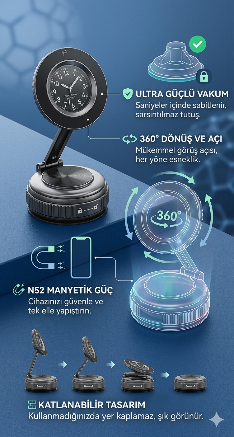 Araç İçi Saatli Mıknatıslı Telefon Tutucu | Güçlü Manyetik | 360° Dönebilir, Mükemmel Tutunma, Ultra Güçlü Vantuz N52 Çift Mıknatıs, MagSafe iPhone Android Uyumlu