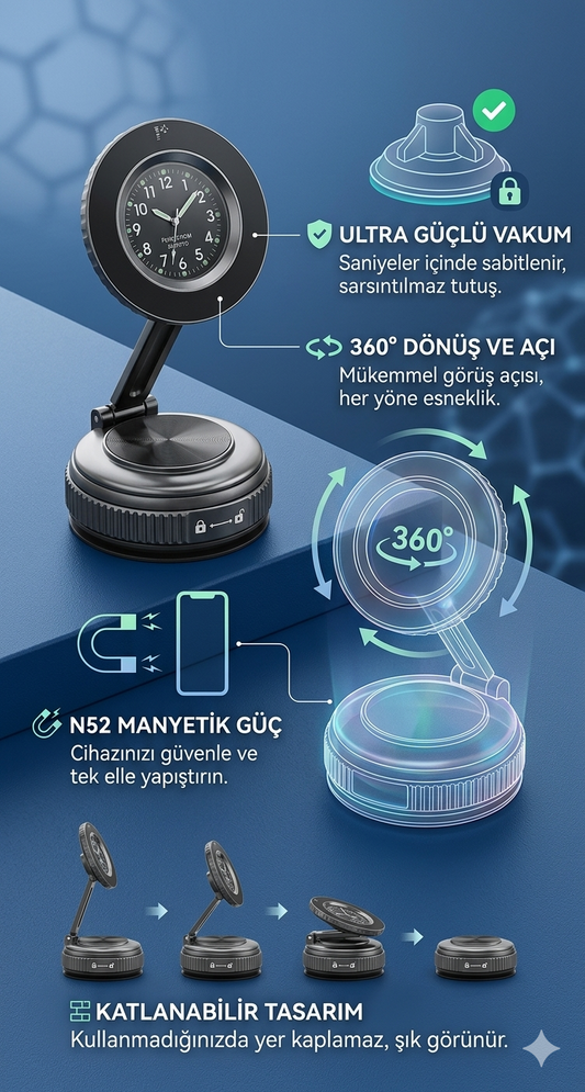 Araç İçi Saatli Mıknatıslı Telefon Tutucu | Güçlü Manyetik | 360° Dönebilir, Mükemmel Tutunma, Ultra Güçlü Vantuz N52 Çift Mıknatıs, MagSafe iPhone Android Uyumlu