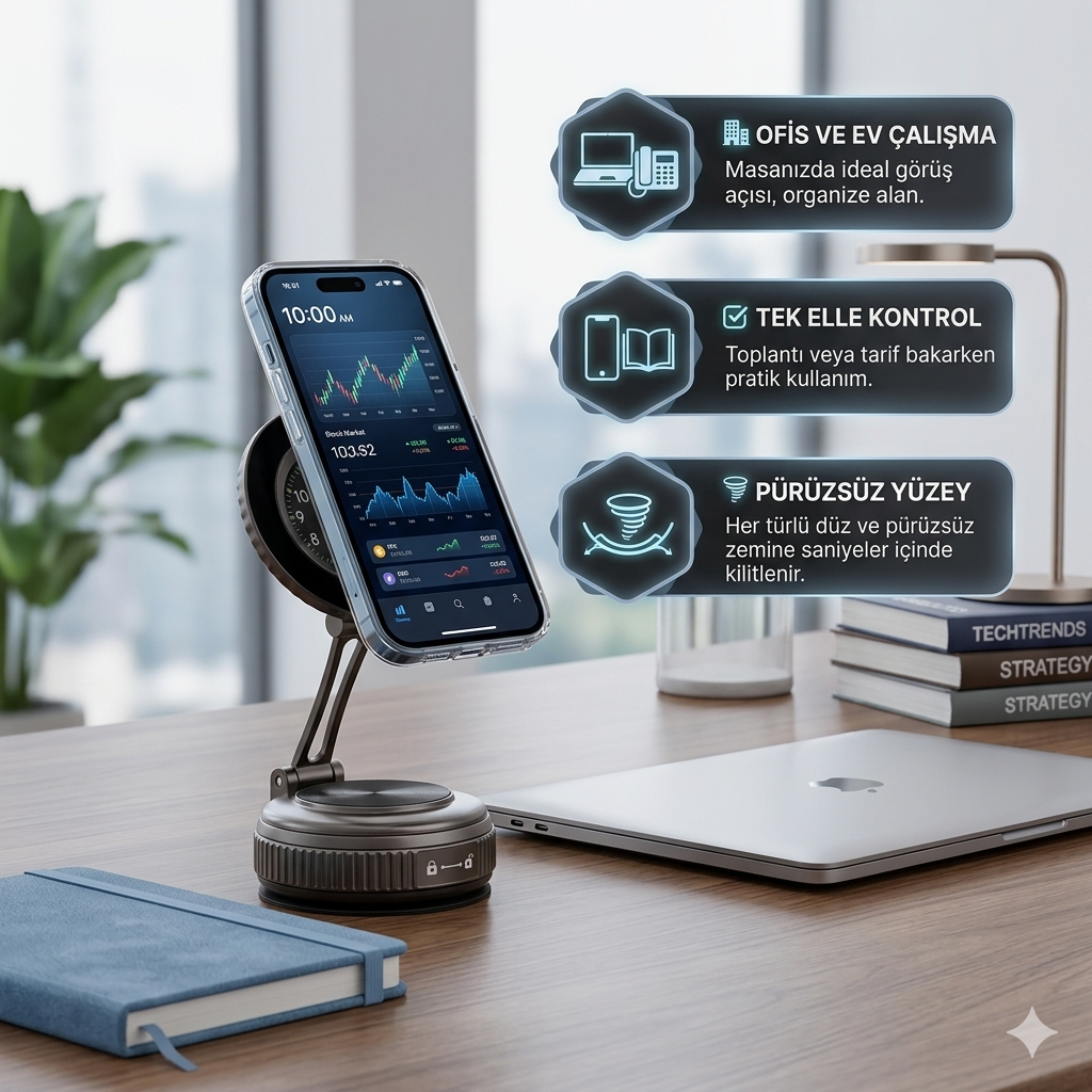 Araç İçi Saatli Mıknatıslı Telefon Tutucu | Güçlü Manyetik | 360° Dönebilir, Mükemmel Tutunma, Ultra Güçlü Vantuz N52 Çift Mıknatıs, MagSafe iPhone Android Uyumlu