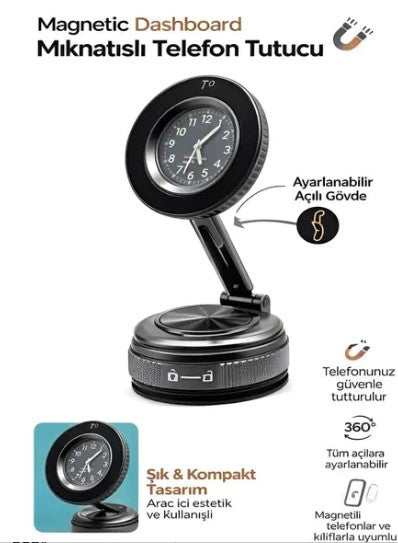 Araç İçi Saatli Mıknatıslı Telefon Tutucu | Güçlü Manyetik | 360° Dönebilir, Mükemmel Tutunma, Ultra Güçlü Vantuz N52 Çift Mıknatıs, MagSafe iPhone Android Uyumlu