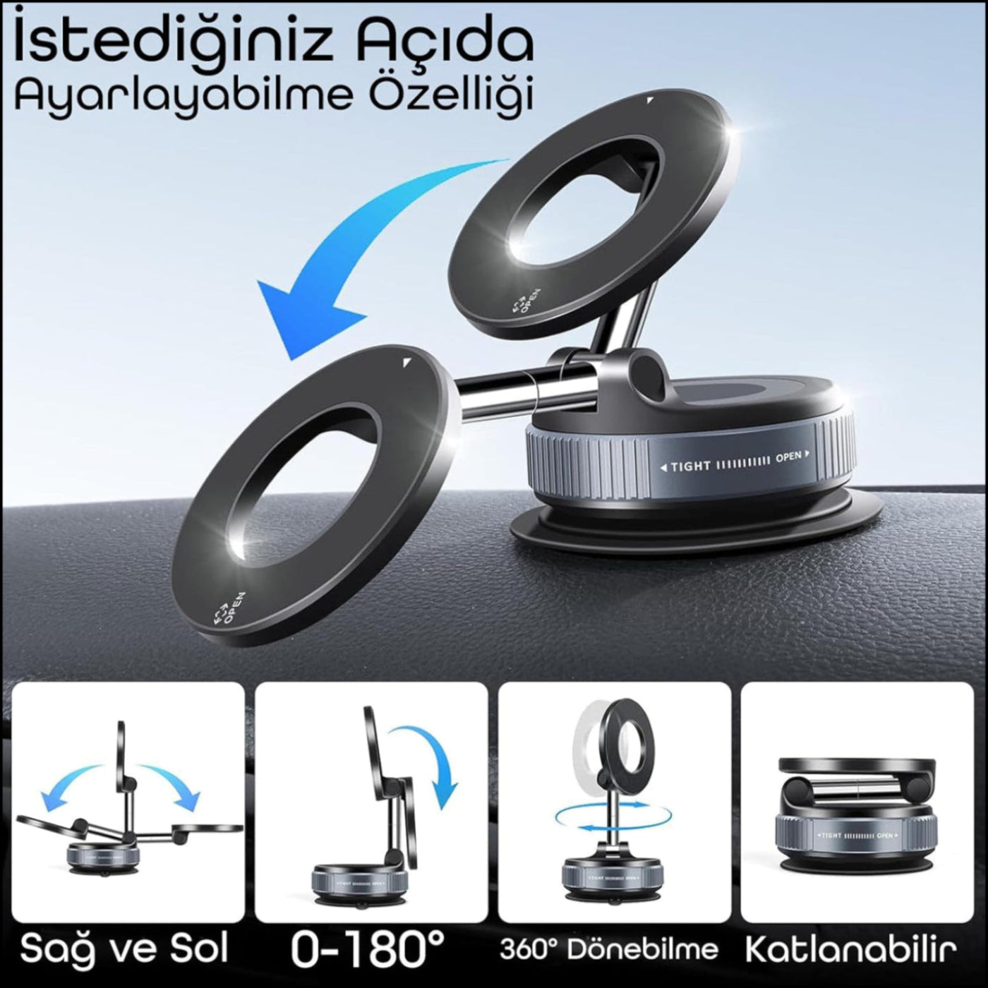 Araç Telefon Tutucu MagSafe Vakumlu | 360° Dönebilir, Mükemmel Tutunma, Ultra Güçlü Vantuz N52 Çift Mıknatıs, MagSafe iPhone Android Uyumlu